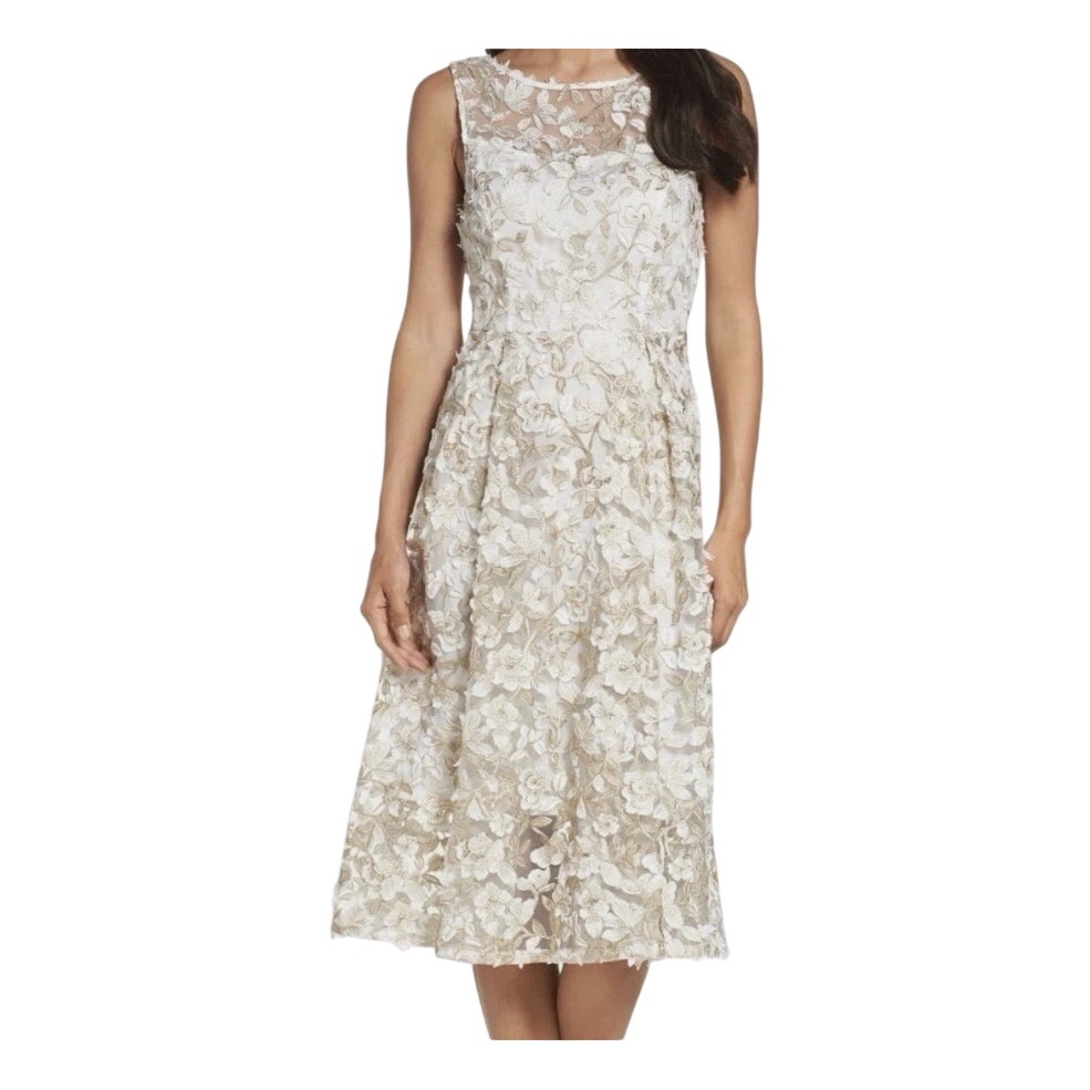 Adrianna Papell 3d Floral White Gold Lined Sleeveless High Neck Midi Chic Dress